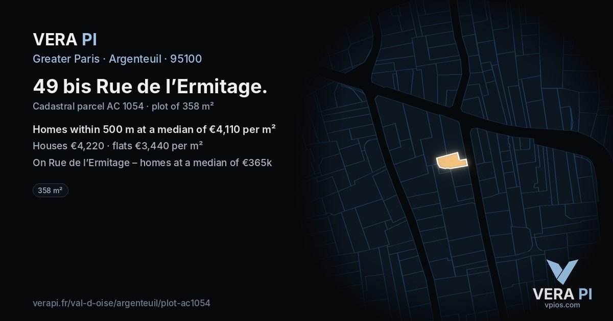 49 bis Rue de l’Ermitage, Argenteuil at night – the plot lit, the parcels around coloured by the prices near them