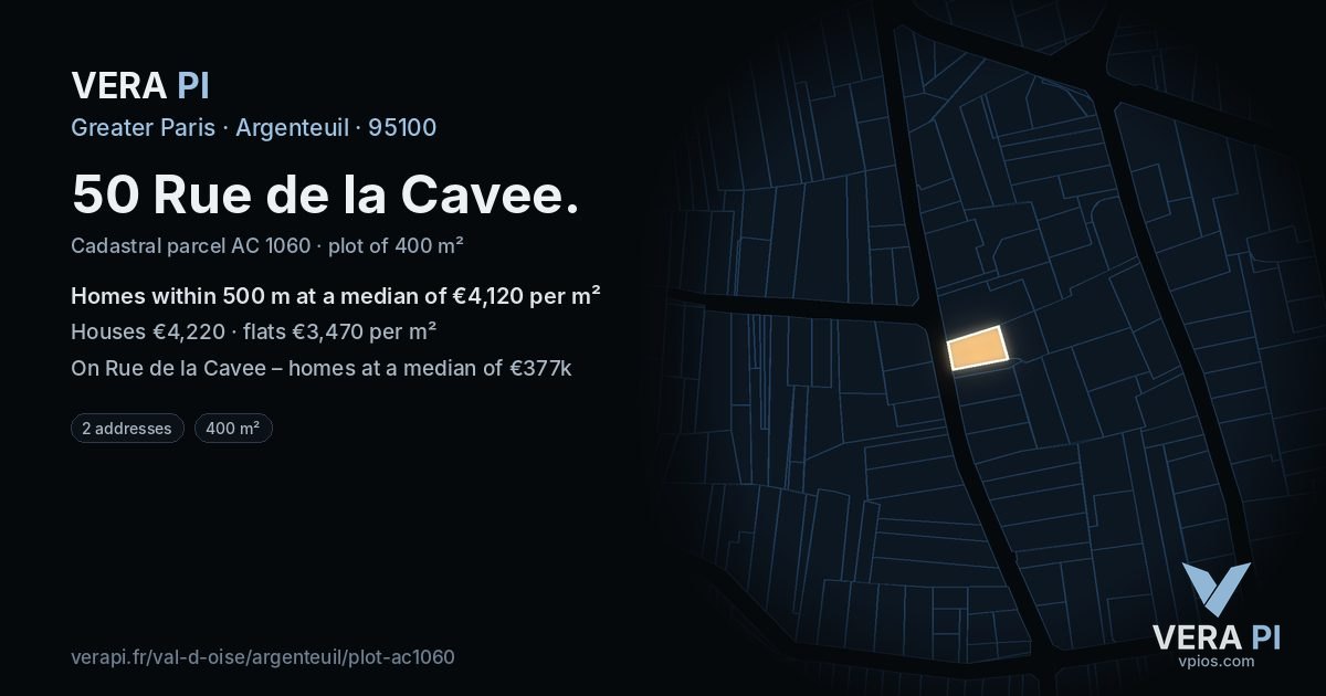 50 Rue de la Cavee, Argenteuil at night – the plot lit, the parcels around coloured by the prices near them