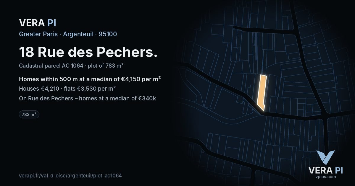 18 Rue des Pechers, Argenteuil at night – the plot lit, the parcels around coloured by the prices near them