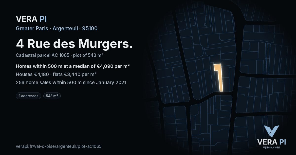 4 Rue des Murgers, Argenteuil at night – the plot lit, the parcels around coloured by the prices near them