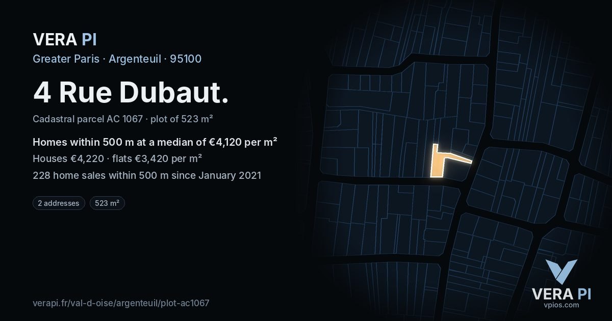 4 Rue Dubaut, Argenteuil at night – the plot lit, the parcels around coloured by the prices near them