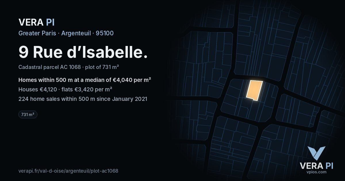 9 Rue d’Isabelle, Argenteuil at night – the plot lit, the parcels around coloured by the prices near them