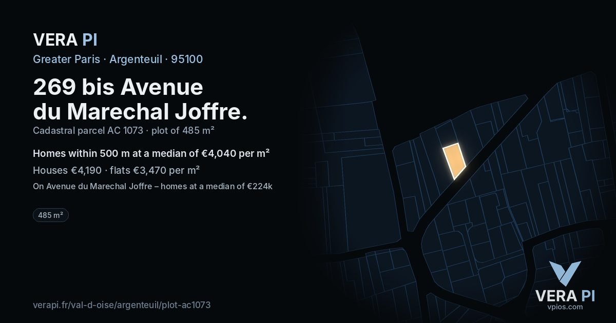 269 bis Avenue du Marechal Joffre, Argenteuil at night – the plot lit, the parcels around coloured by the prices near them