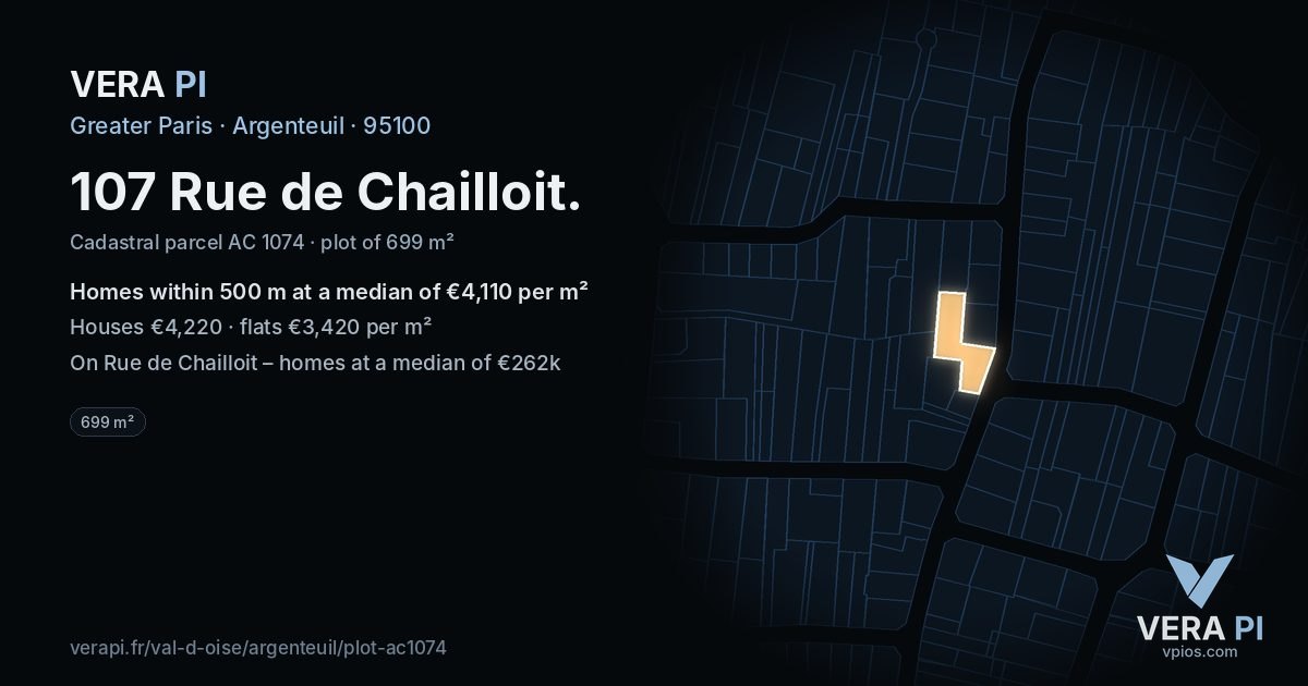 107 Rue de Chailloit, Argenteuil at night – the plot lit, the parcels around coloured by the prices near them