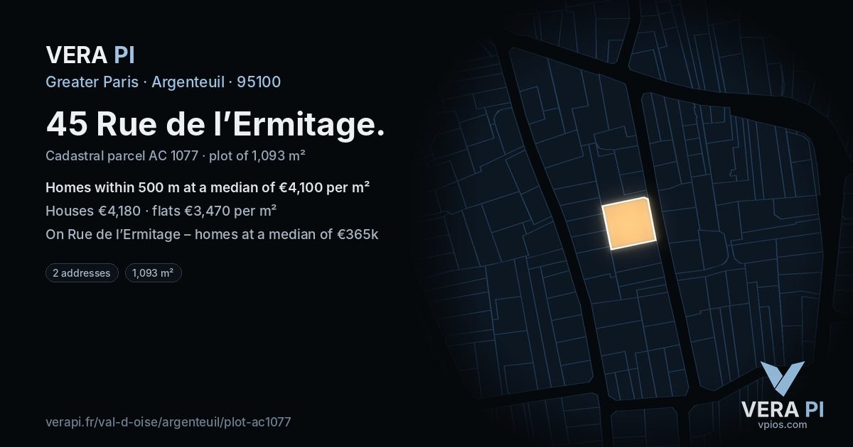 45 Rue de l’Ermitage, Argenteuil at night – the plot lit, the parcels around coloured by the prices near them