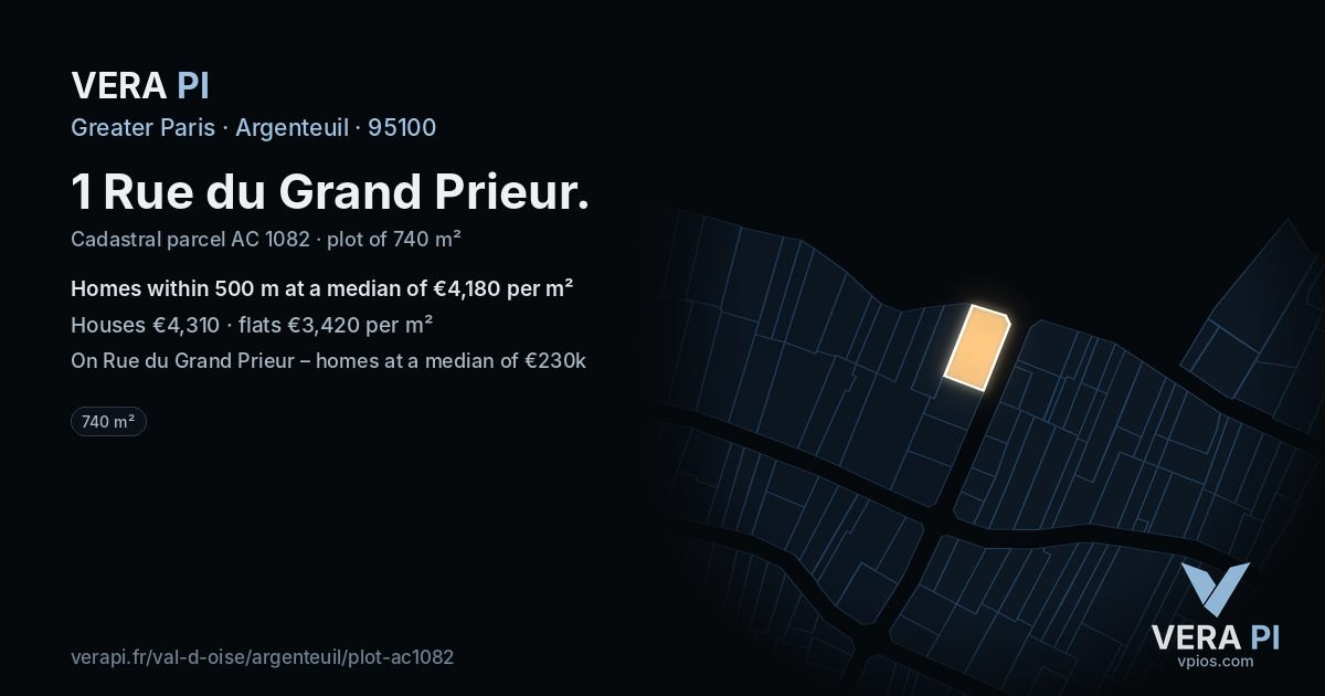 1 Rue du Grand Prieur, Argenteuil at night – the plot lit, the parcels around coloured by the prices near them