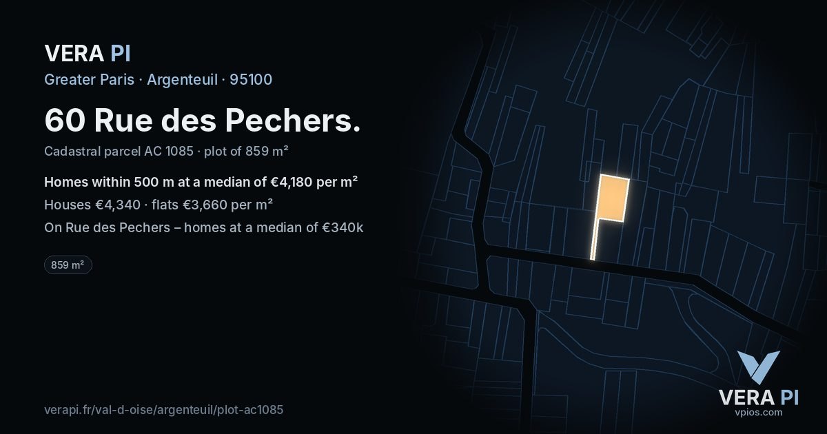 60 Rue des Pechers, Argenteuil at night – the plot lit, the parcels around coloured by the prices near them