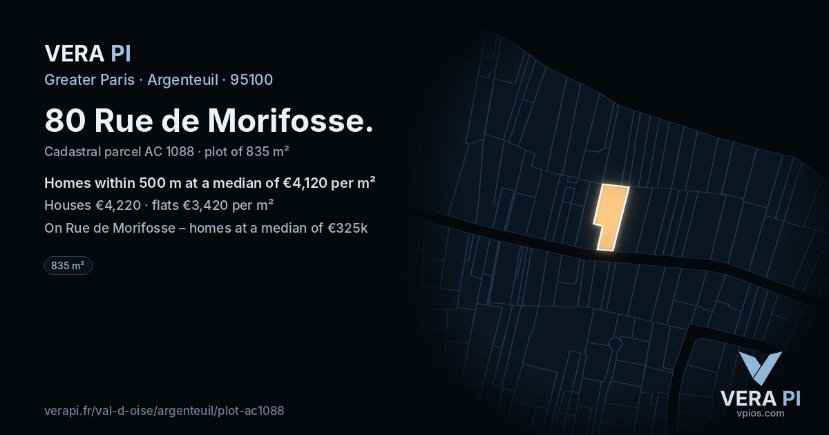 80 Rue de Morifosse, Argenteuil at night – the plot lit, the parcels around coloured by the prices near them