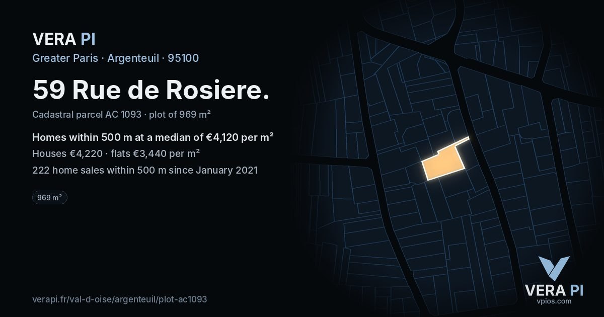 59 Rue de Rosiere, Argenteuil at night – the plot lit, the parcels around coloured by the prices near them