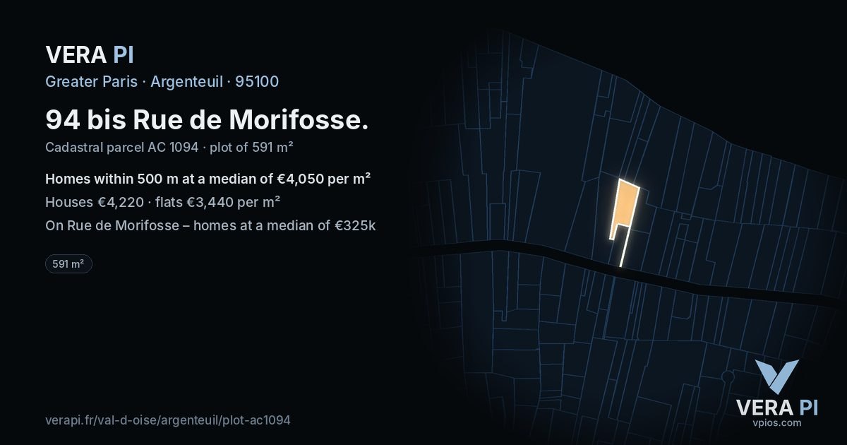 94 bis Rue de Morifosse, Argenteuil at night – the plot lit, the parcels around coloured by the prices near them
