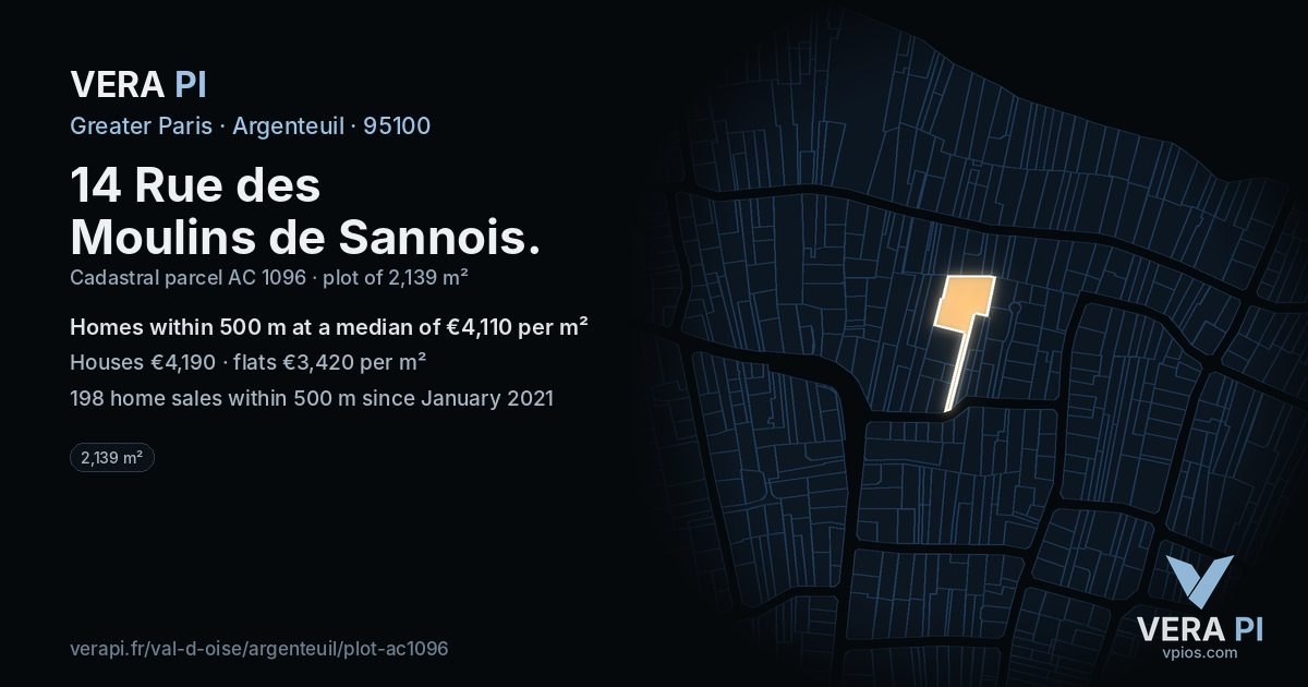 14 Rue des Moulins de Sannois, Argenteuil at night – the plot lit, the parcels around coloured by the prices near them