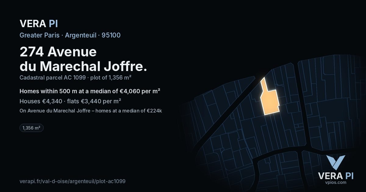 274 Avenue du Marechal Joffre, Argenteuil at night – the plot lit, the parcels around coloured by the prices near them