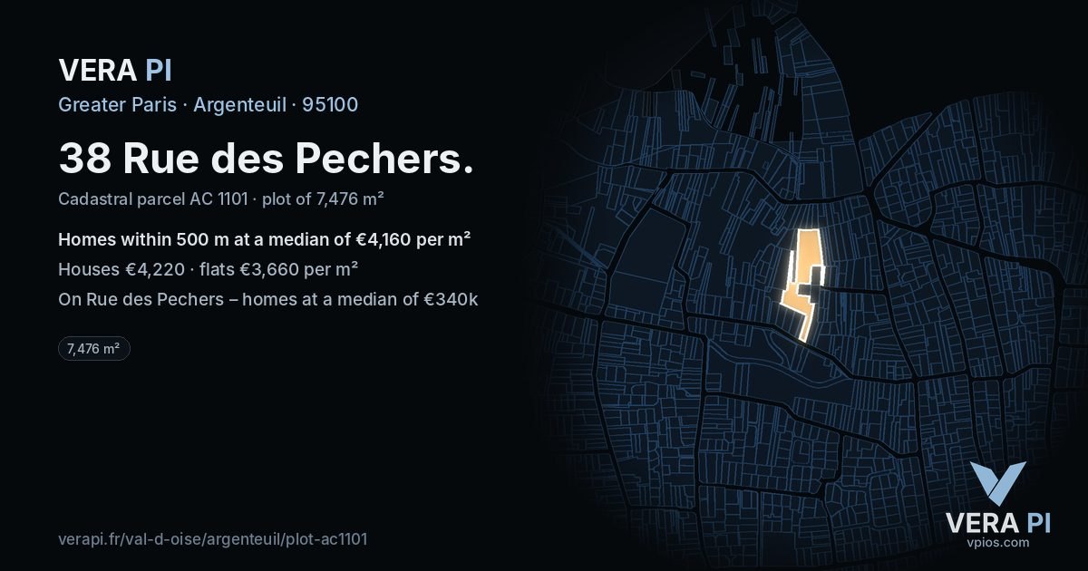 38 Rue des Pechers, Argenteuil at night – the plot lit, the parcels around coloured by the prices near them