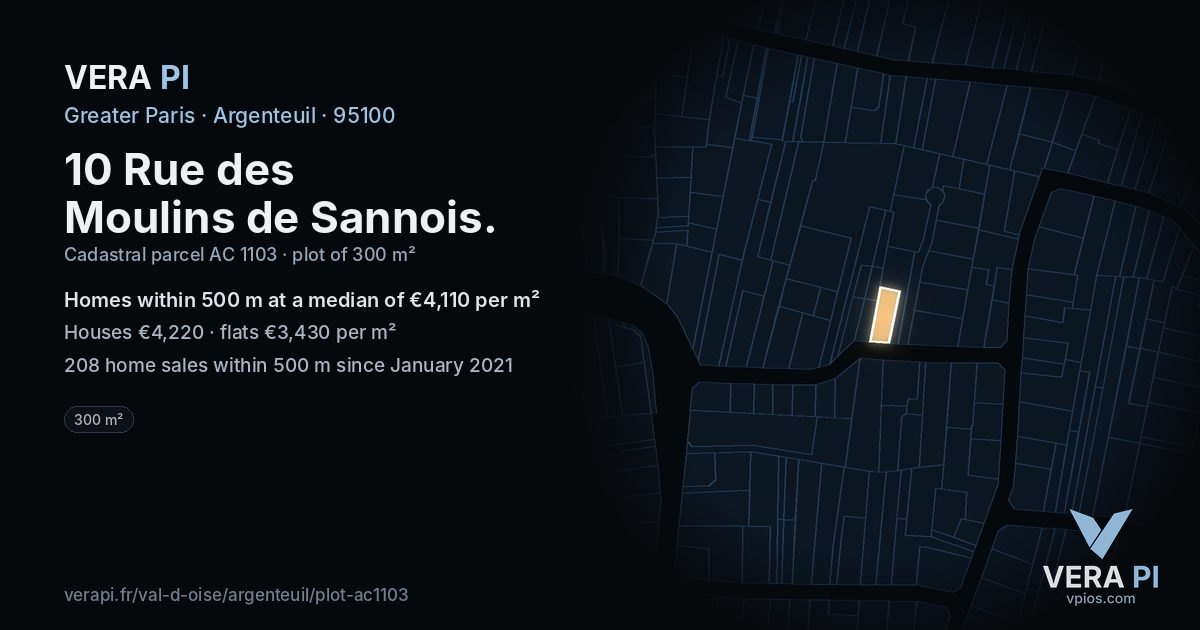 10 Rue des Moulins de Sannois, Argenteuil at night – the plot lit, the parcels around coloured by the prices near them