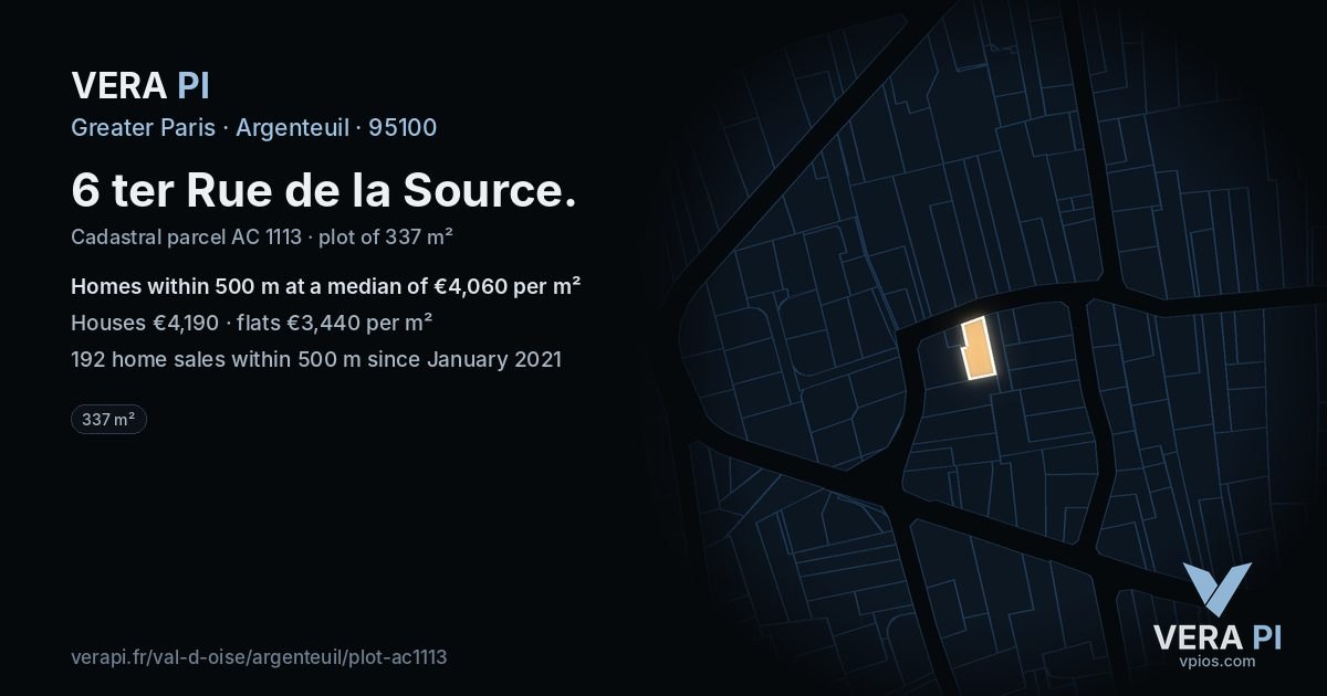 6 ter Rue de la Source, Argenteuil at night – the plot lit, the parcels around coloured by the prices near them