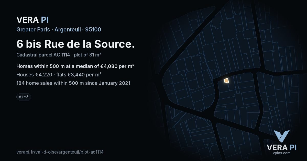 6 bis Rue de la Source, Argenteuil at night – the plot lit, the parcels around coloured by the prices near them