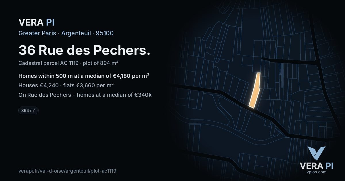 36 Rue des Pechers, Argenteuil at night – the plot lit, the parcels around coloured by the prices near them
