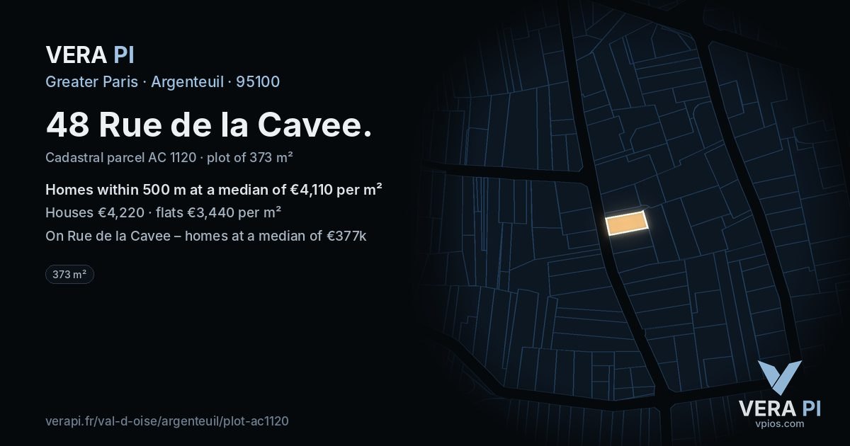 48 Rue de la Cavee, Argenteuil at night – the plot lit, the parcels around coloured by the prices near them