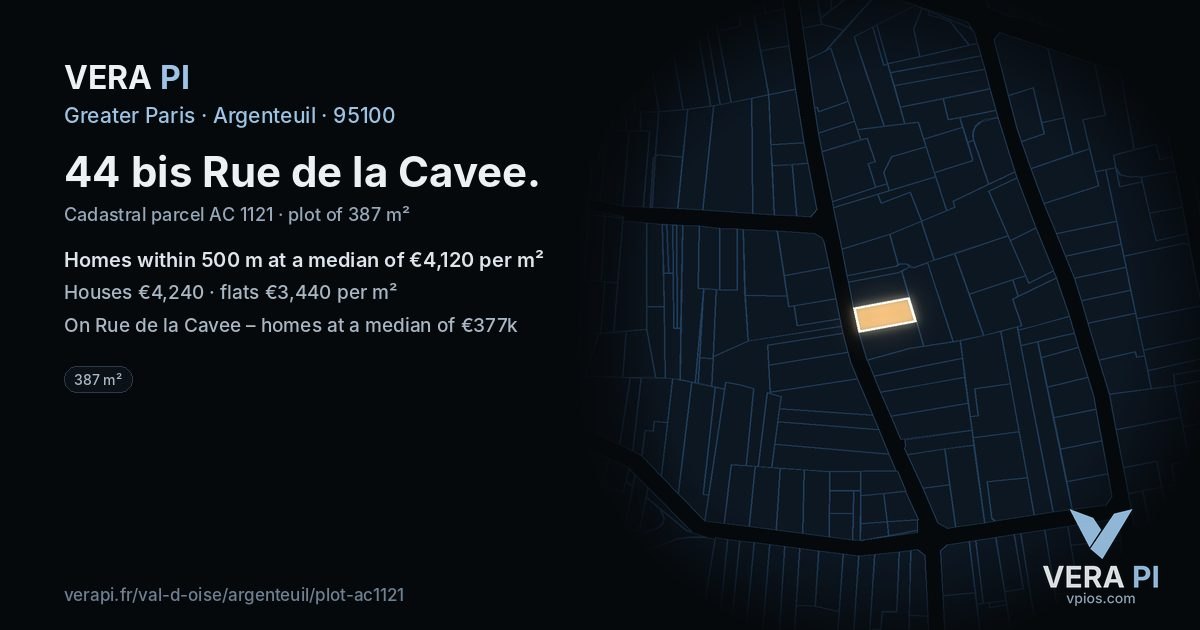 44 bis Rue de la Cavee, Argenteuil at night – the plot lit, the parcels around coloured by the prices near them