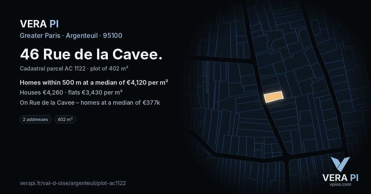 46 Rue de la Cavee, Argenteuil at night – the plot lit, the parcels around coloured by the prices near them