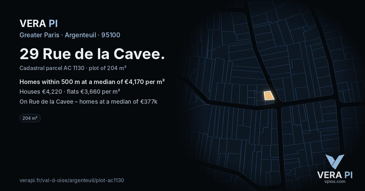 29 Rue de la Cavee, Argenteuil at night – the plot lit, the parcels around coloured by the prices near them