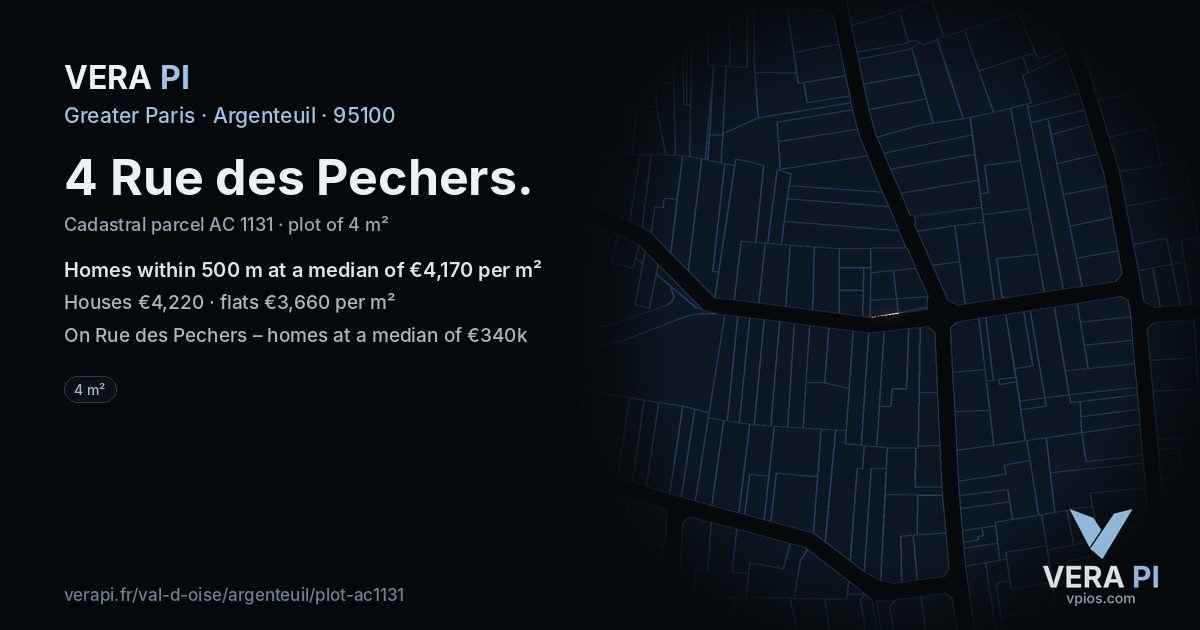 4 Rue des Pechers, Argenteuil at night – the plot lit, the parcels around coloured by the prices near them