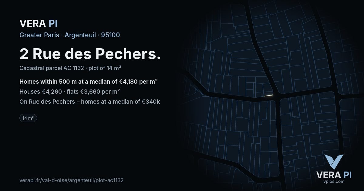 2 Rue des Pechers, Argenteuil at night – the plot lit, the parcels around coloured by the prices near them