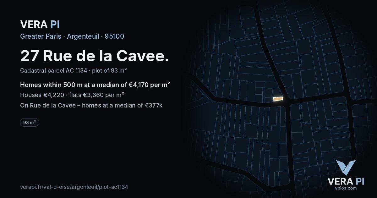 27 Rue de la Cavee, Argenteuil at night – the plot lit, the parcels around coloured by the prices near them