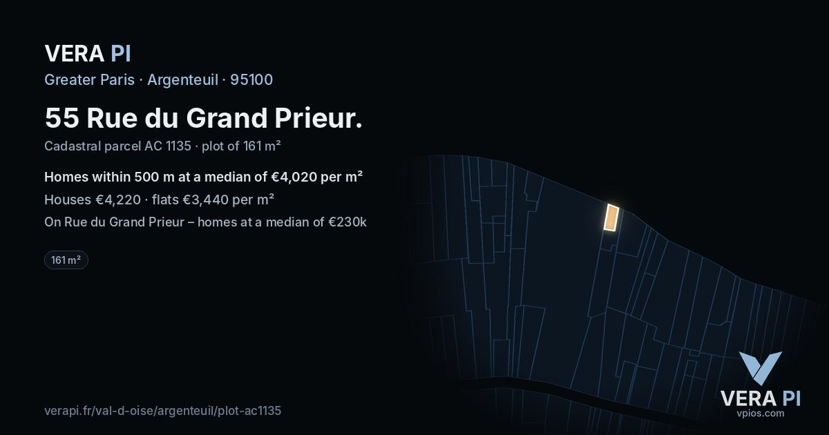 55 Rue du Grand Prieur, Argenteuil at night – the plot lit, the parcels around coloured by the prices near them