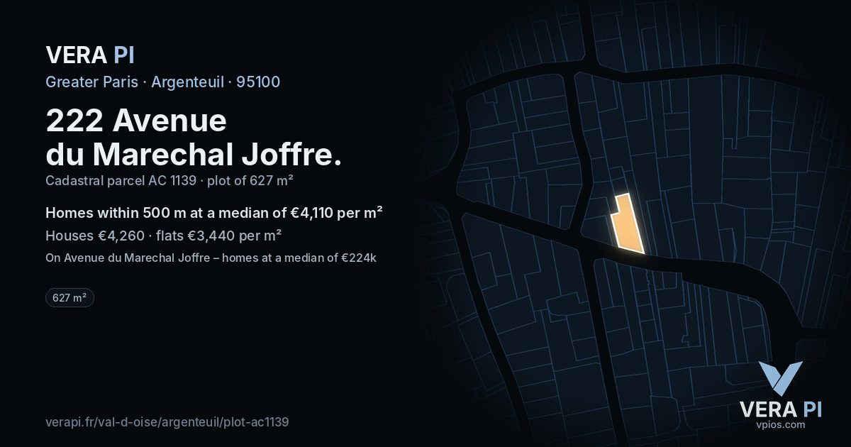 222 Avenue du Marechal Joffre, Argenteuil at night – the plot lit, the parcels around coloured by the prices near them