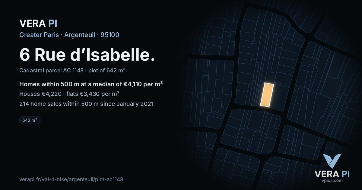 6 Rue d’Isabelle, Argenteuil at night – the plot lit, the parcels around coloured by the prices near them