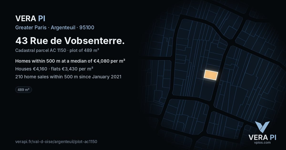 43 Rue de Vobsenterre, Argenteuil at night – the plot lit, the parcels around coloured by the prices near them