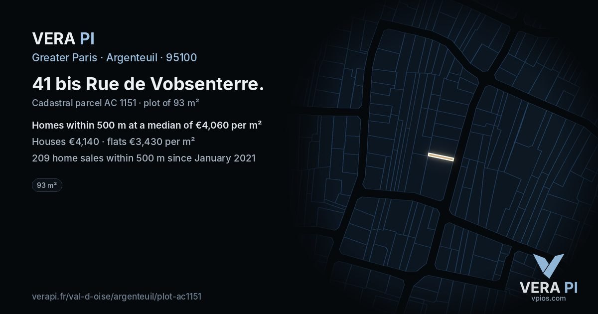 41 bis Rue de Vobsenterre, Argenteuil at night – the plot lit, the parcels around coloured by the prices near them