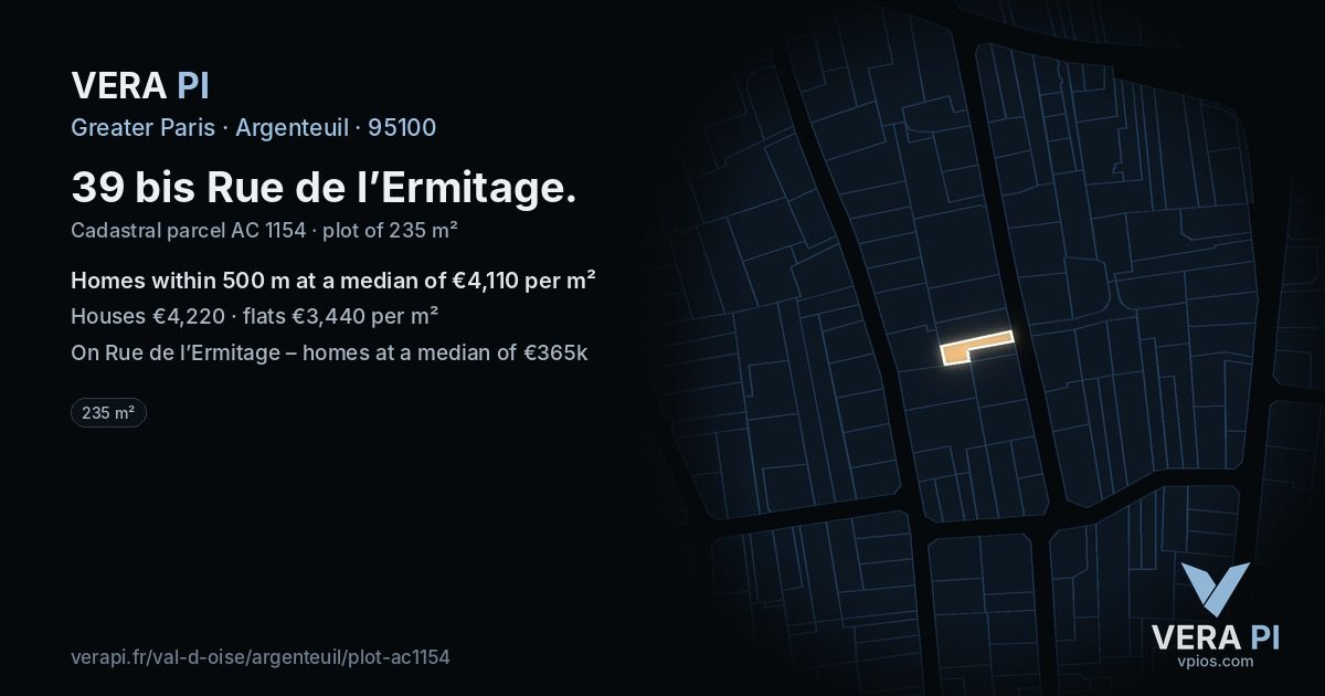 39 bis Rue de l’Ermitage, Argenteuil at night – the plot lit, the parcels around coloured by the prices near them
