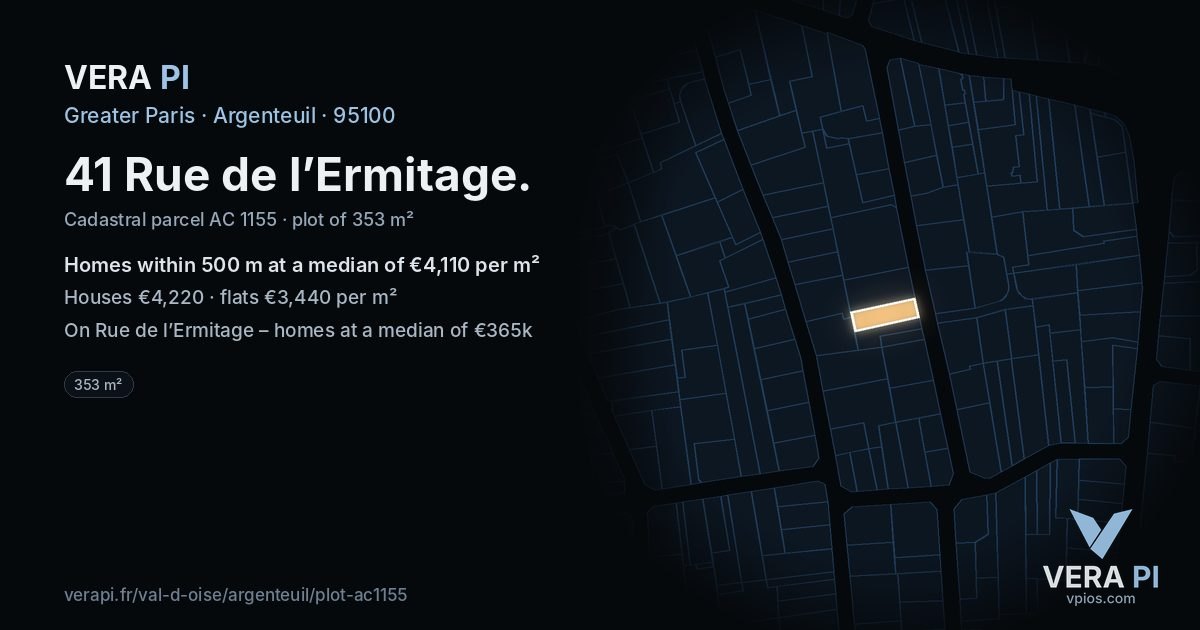 41 Rue de l’Ermitage, Argenteuil at night – the plot lit, the parcels around coloured by the prices near them