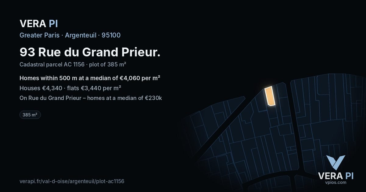 93 Rue du Grand Prieur, Argenteuil at night – the plot lit, the parcels around coloured by the prices near them