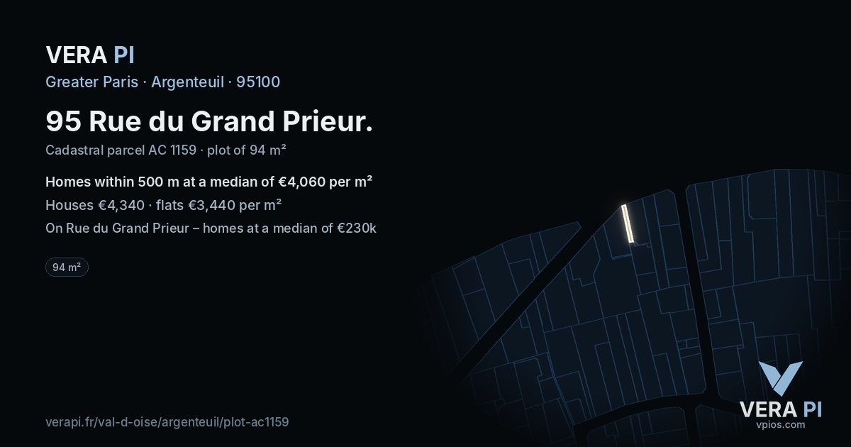 95 Rue du Grand Prieur, Argenteuil at night – the plot lit, the parcels around coloured by the prices near them