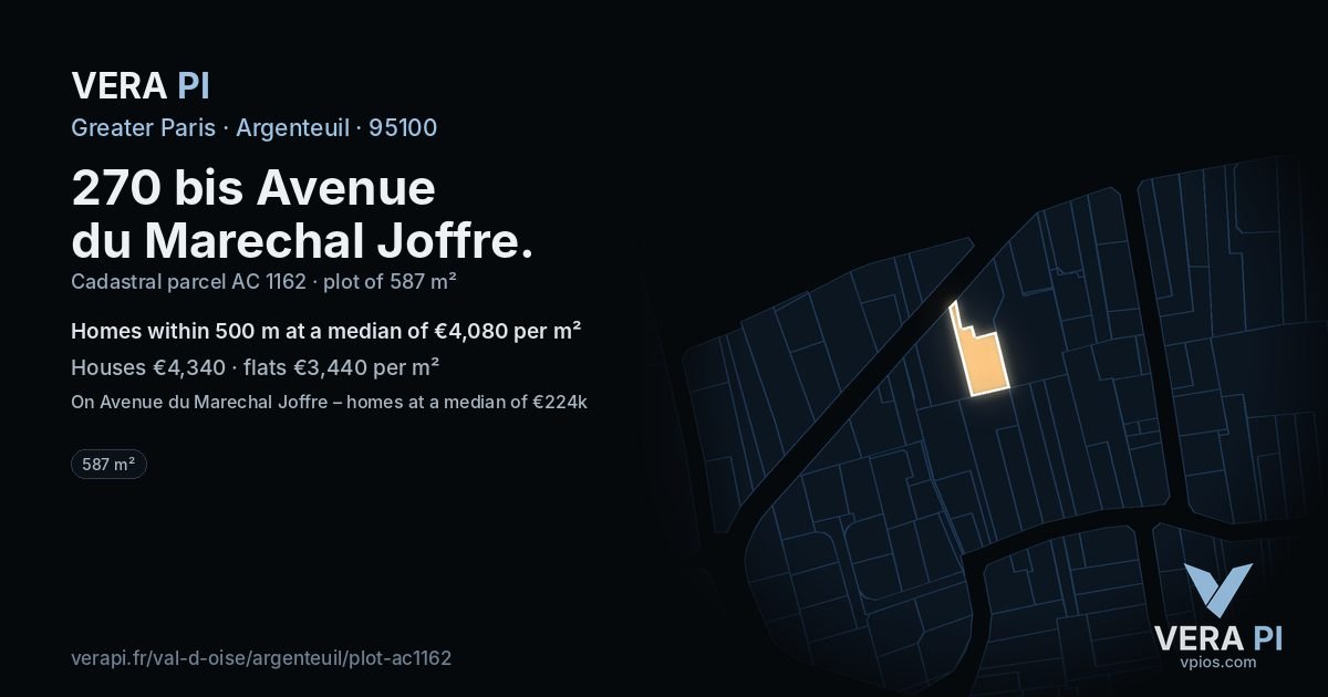 270 bis Avenue du Marechal Joffre, Argenteuil at night – the plot lit, the parcels around coloured by the prices near them