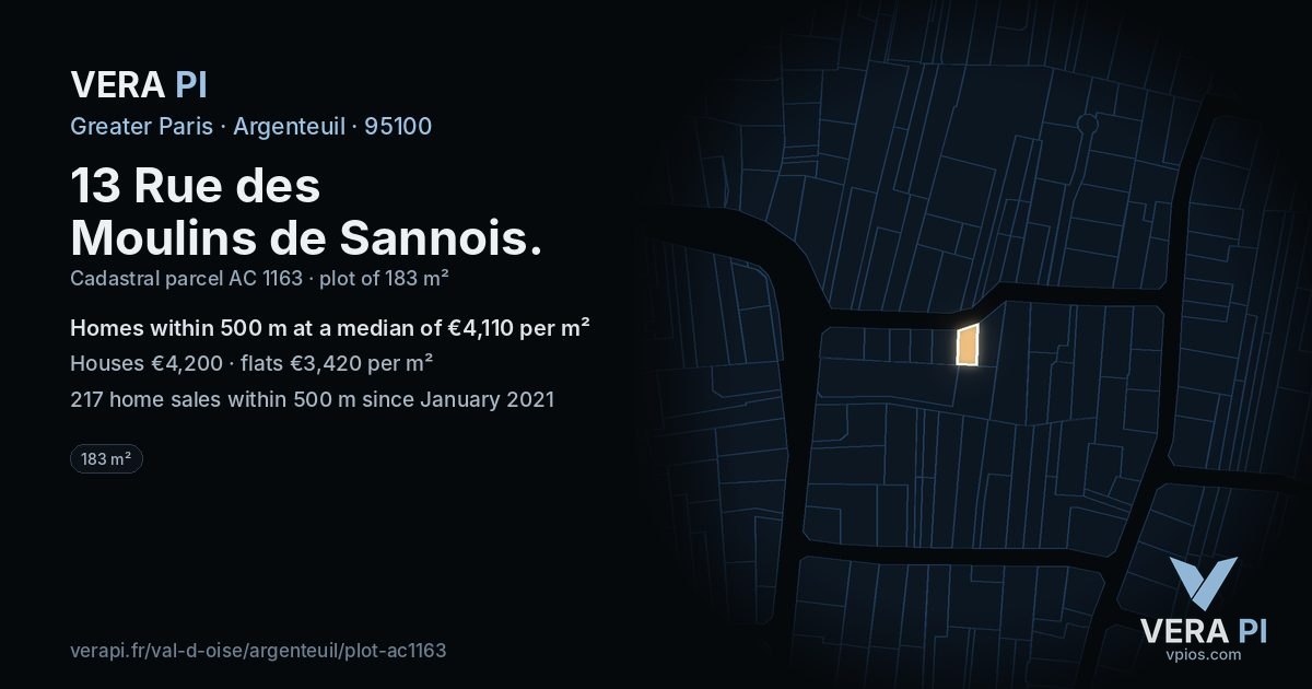 13 Rue des Moulins de Sannois, Argenteuil at night – the plot lit, the parcels around coloured by the prices near them