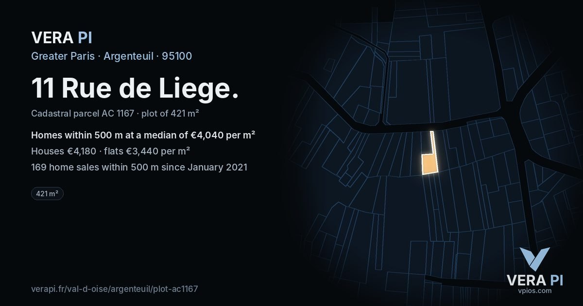 11 Rue de Liege, Argenteuil at night – the plot lit, the parcels around coloured by the prices near them
