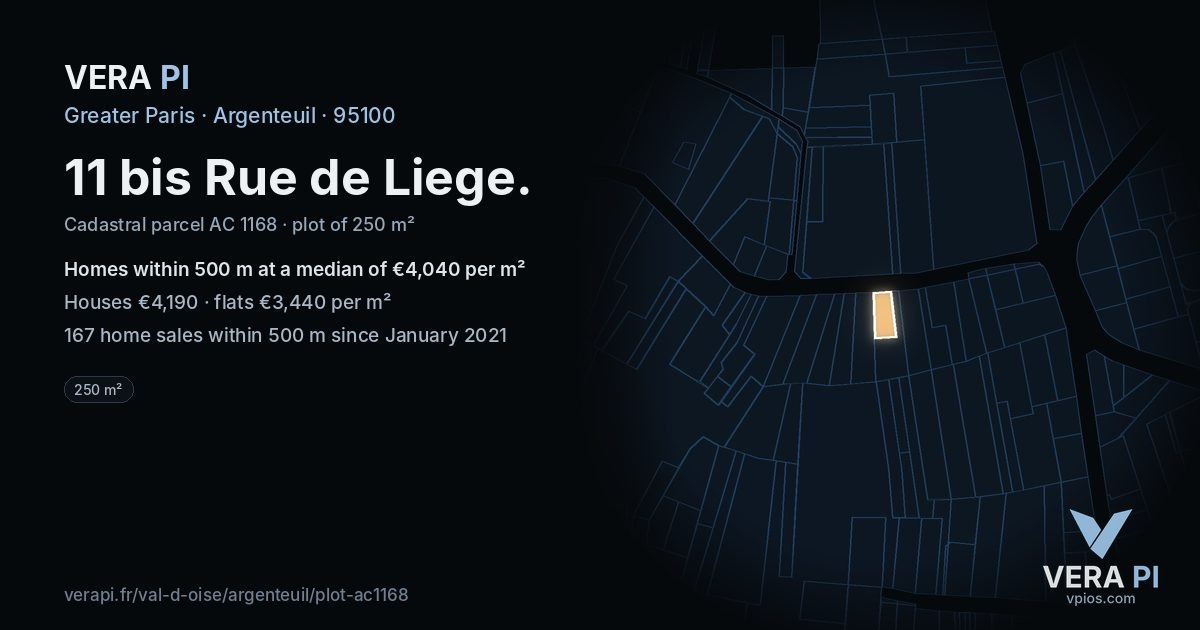 11 bis Rue de Liege, Argenteuil at night – the plot lit, the parcels around coloured by the prices near them