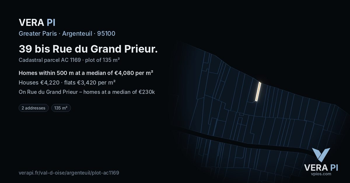 39 bis Rue du Grand Prieur, Argenteuil at night – the plot lit, the parcels around coloured by the prices near them