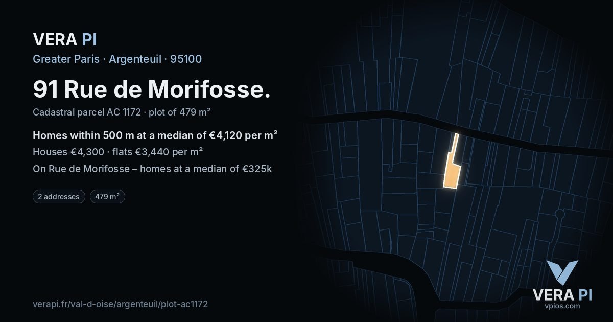 91 Rue de Morifosse, Argenteuil at night – the plot lit, the parcels around coloured by the prices near them