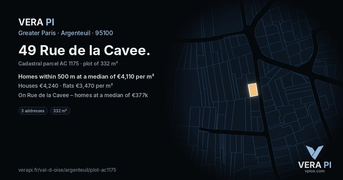 49 Rue de la Cavee, Argenteuil at night – the plot lit, the parcels around coloured by the prices near them