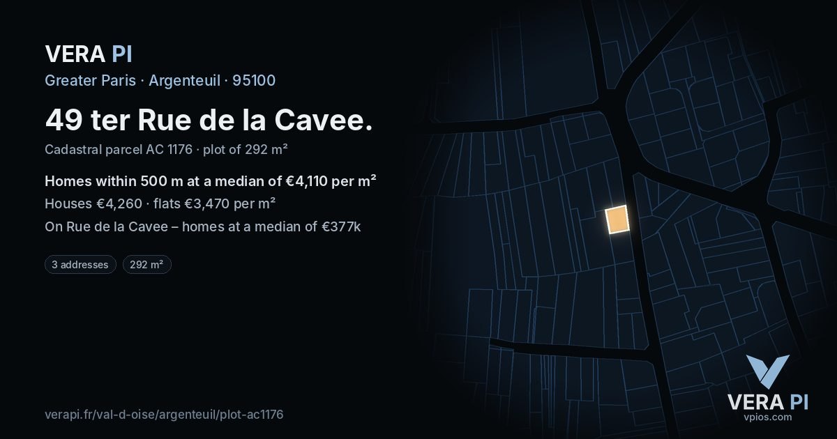 49 ter Rue de la Cavee, Argenteuil at night – the plot lit, the parcels around coloured by the prices near them