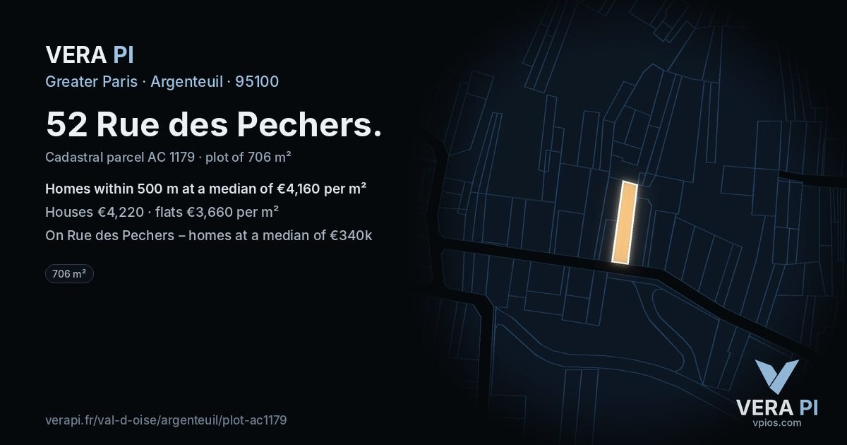 52 Rue des Pechers, Argenteuil at night – the plot lit, the parcels around coloured by the prices near them
