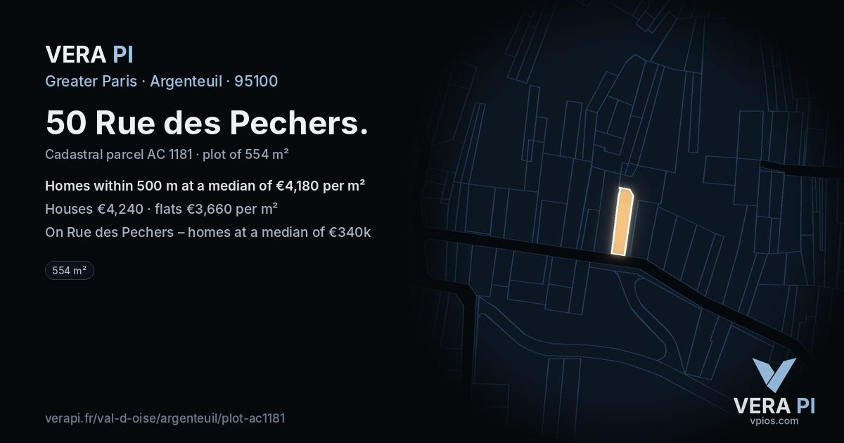 50 Rue des Pechers, Argenteuil at night – the plot lit, the parcels around coloured by the prices near them