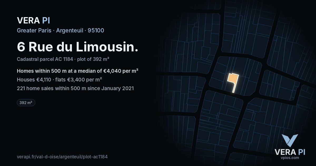 6 Rue du Limousin, Argenteuil at night – the plot lit, the parcels around coloured by the prices near them