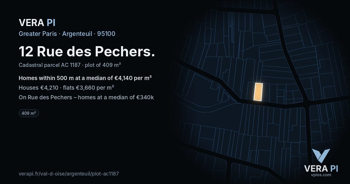 12 Rue des Pechers, Argenteuil at night – the plot lit, the parcels around coloured by the prices near them