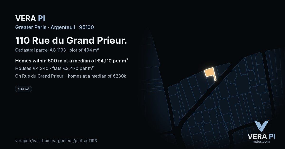 110 Rue du Grand Prieur, Argenteuil at night – the plot lit, the parcels around coloured by the prices near them